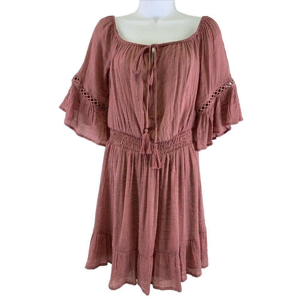 Baltic Born Magnolia Off Shoulder Mini Dress Rose Pink Short Ruffle Women Medium - Picture 2 of 11